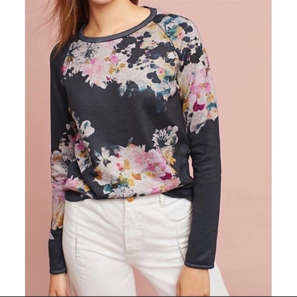 Maeve Floral Print Sweater - Black and Pink